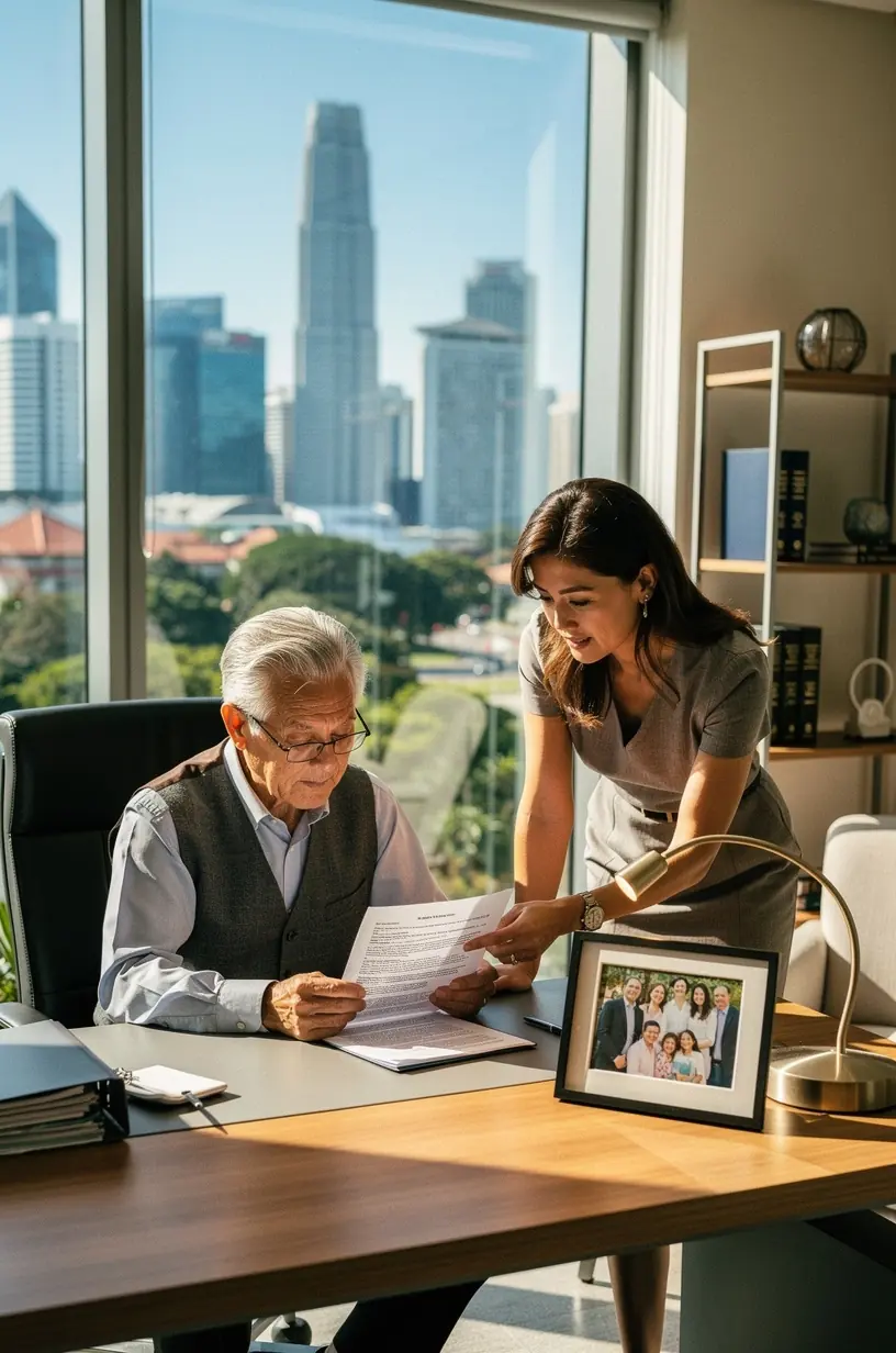 Portrait of a compassionate legal expert explaining rights and options to an elderly woman.
